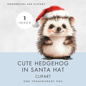 Clipart Hérisson en bonnet de Noel, IMAGE UNIQUE, usage commercial, PNG transparent, joli design de Noël, illustration aquarelle, travaux manuels en papier
