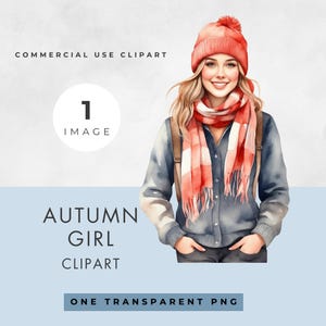 Clipart automne adolescente, IMAGE UNIQUE, usage commercial, PNG transparent, illustration aquarelle de jeune femme, créations en papier, scrapbooking