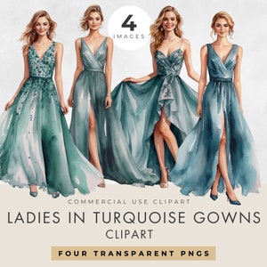 Türkis Kleid Clipart, kommerzielle Nutzung, transparente PNG, elegante junge Frauen, Damen in türkisfarbenen Kleidern, Aquarell Kleider, digitaler Download