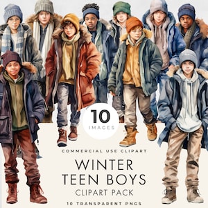 Imágenes prediseñadas de un adolescente, 10 imágenes, uso comercial, PNG transparente, imágenes prediseñadas de adolescentes en invierno, hombres jóvenes, ilustración en acuarela, descarga instantánea