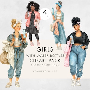 Girls with Water Bottles Clipart, Commercial Use, Transparent PNG, Trendy Young Women Wearing Casual Clothes, Watercolor, Digital Download