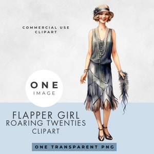 Flapper Girl Clipart, SINGLE IMAGE, Commercial License, Transparent PNG, Watercolor, Roaring Twenties Lady, 1920s Woman, Instant Download