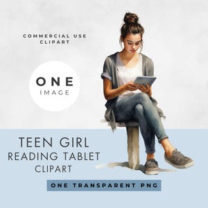 Adolescente lisant des cliparts, une seule image, usage commercial, PNG transparent, aquarelle adolescente sur tablette, ado, jeune femme, téléchargement numérique