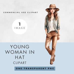 Clipart jeune femme, IMAGE UNIQUE, usage commercial, PNG transparent, aquarelle, fille tendance au chapeau, femme moderne, téléchargement immédiat