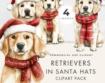 Clipart kerst Golden Retriever aquarel: kerstmuts transparant png-bestand (commercieel gebruik)