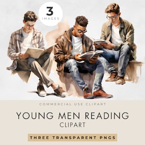 Imágenes prediseñadas de hombres jóvenes leyendo, 3 IMÁGENES, licencia comercial, PNG transparente, acuarela, niño, adolescentes tardíos, chicos universitarios, estudiantes varones