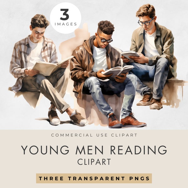 Young Men Reading Clipart, 3 IMAGES, Commercial License, Transparent PNG, Watercolor, Boy, Late Teens, University Guys, Male Students