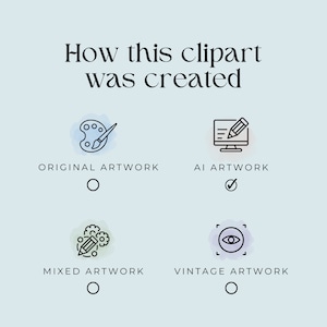 Op de afbeelding: Een grafiek die vier verschillende manieren laat zien waarop clipart kan worden gemaakt: origineel artwork, AI artwork, gemengd artwork en vintage artwork. De grafiek is een quiz met selectievakjes naast elke optie. Het juiste antwoord is AI artwork.