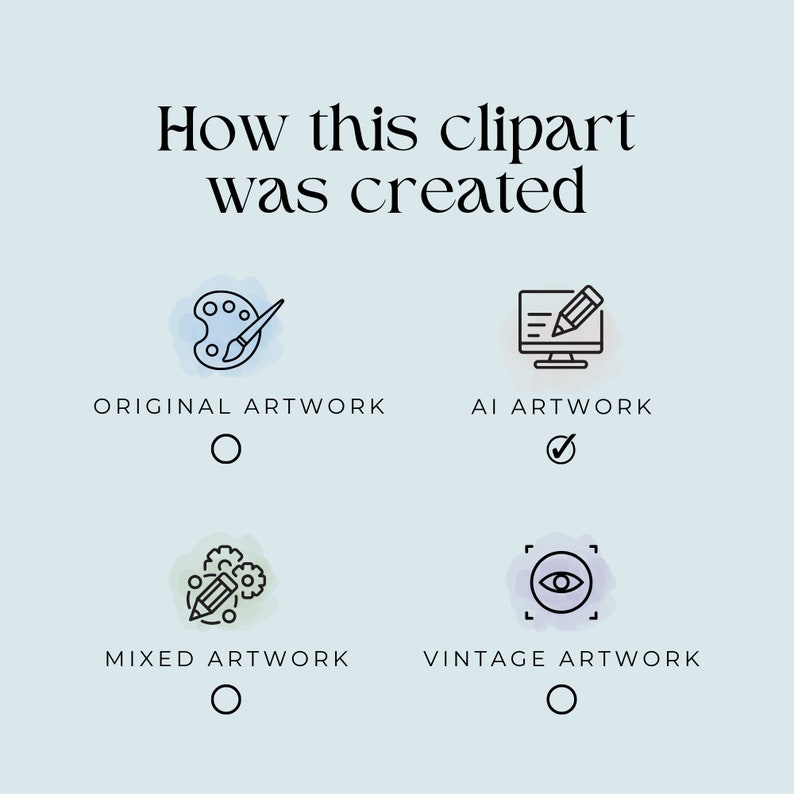 Op de afbeelding: Een grafiek die vier verschillende manieren laat zien waarop clipart kan worden gemaakt: origineel artwork, AI artwork, gemengd artwork en vintage artwork. De grafiek is een quiz met selectievakjes naast elke optie. Het juiste antwoord is AI artwork.