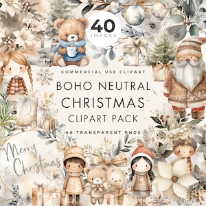 Clipart Noël bohème, usage commercial, PNGS transparents, couleur neutre, festif, carte de Noël et invitations illustrations hivernales, téléchargement immédiat
