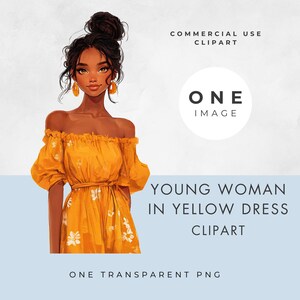Dame en robe jaune Clipart, IMAGE UNIQUE, licence d'utilisation commerciale, PNG transparent, aquarelle fille, jeune femme, téléchargement immédiat