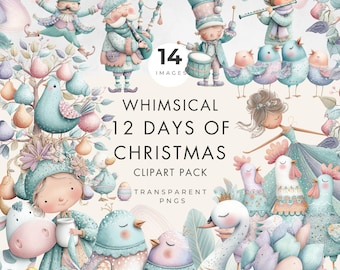 Verspielte 12-Tage-Weihnachts-Cliparts – Transparente PNGs zum digitalen Download – Kommerzielle Nutzung