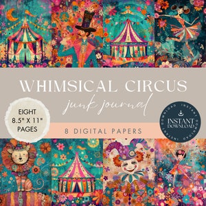 Circus Junk Journal Pages, DIGITAL DOWNLOAD, Whimsical, Scrapbooking, Printable Papers, Colorful, Flowers, Whimsy Cartoon, Craft, Quirky