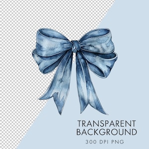 May include: Watercolor illustration of a blue bow with long flowing ribbons. The bow is a soft, muted blue with watercolor shading. The text "TRANSPARENT BACKGROUND" and "300 DPI PNG" is visible in the image.