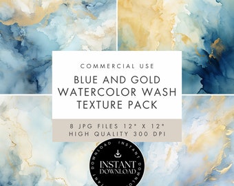 Blue and Gold Watercolor Texture Pages: Scrapbook Backgrounds (JPG Digital Download)