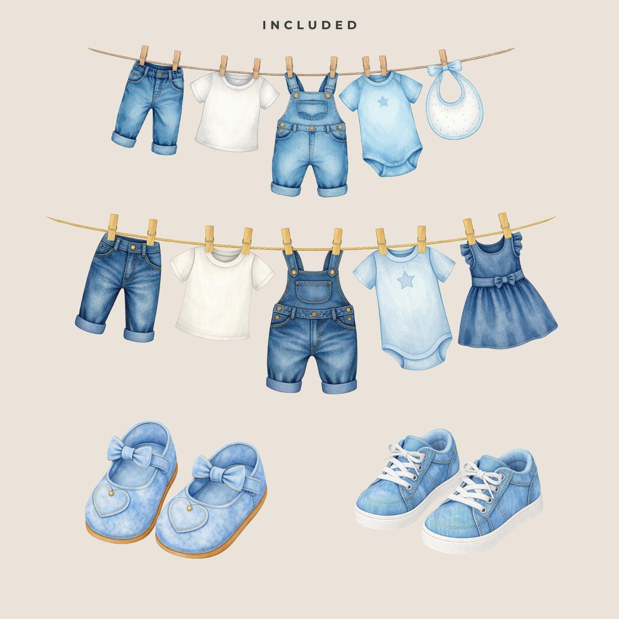 Blue Jean Baby Clipart Set – Denim Baby Shower, Watercolor, Transparent ...