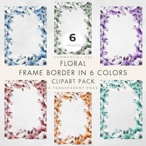Clipart bordure florale aquarelle, cadres PNG transparents 5 x 7 en 6 couleurs, usage commercial, conception de fleurs moderne pour cartes, invitations et plus
