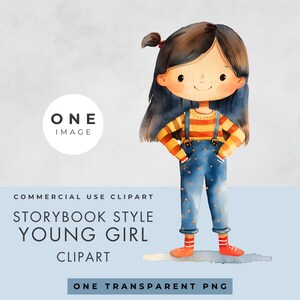 Young Girl Clipart, SINGLE IMAGE, Commercial Use, Transparent PNG, Storybook Watercolor Illustration, Whimsical Child,  Instant Download