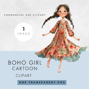 Clipart fille bohème, IMAGE UNIQUE, usage commercial, PNG Transparent, Illustration aquarelle de livre de contes de dessin animé, fantaisiste, téléchargement immédiat