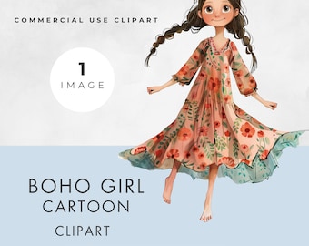 Boho Girl Clipart, SINGLE IMAGE, Commercial Use, Transparent PNG, Cartoon Storybook Watercolor Illustration, Whimsical,  Instant Download