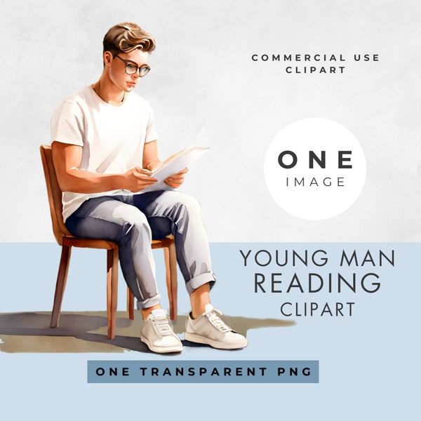 Young Man Reading Clipart, SINGLE IMAGE, Commercial Use License, Transparent PNG, Watercolor, Teen Boy Sitting, Instant Digital Download