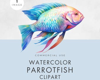 Watercolor Parrotfish Clipart: Tropical Marine Life Illustration (Digital Download) Commercial Use