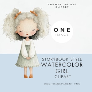 Young Girl Clipart, SINGLE IMAGE, Commercial Use, Transparent PNG, Storybook Watercolor Illustration, Whimsical Child, Instant Download