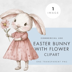 Hase mit Blume Clipart, EINZELBILD, kommerzielle Nutzung, transparente PNG, Osterkartendesign, Babyparty einladen Grafik, niedliches Kaninchen