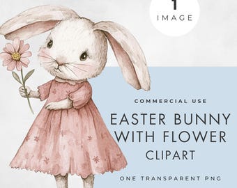 Bunny Holding Flower Clipart, SINGLE IMAGE, Commercial Use, Transparent PNG, Easter Card Design, Baby Shower Invite Graphic, Cute Rabbit