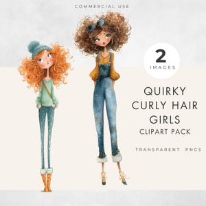 Quirky Curly Haired Girls Clipart, 2 IMAGES, Commercial License, Transparent PNG, Whimsical Teens, Cartoon Girl Clip Art, Instant Download