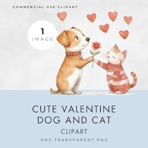 Clipart chien et chat de la Saint-Valentin, une seule image, usage commercial, PNG transparent, animaux de compagnie mignons de la Saint-Valentin et coeurs, aquarelle, téléchargement numérique