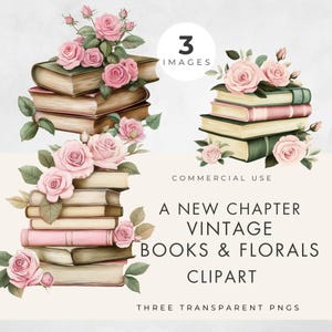 Clipart di libri, download digitale, uso commerciale, PNG trasparente, vintage, fiori, grafica per baby shower e addio al nubilato di nuovo capitolo, scrapbooking