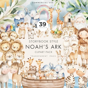 Clipart pack of 39 whimsical Noah's Ark storybook style images, high quality pngs with commercial use.