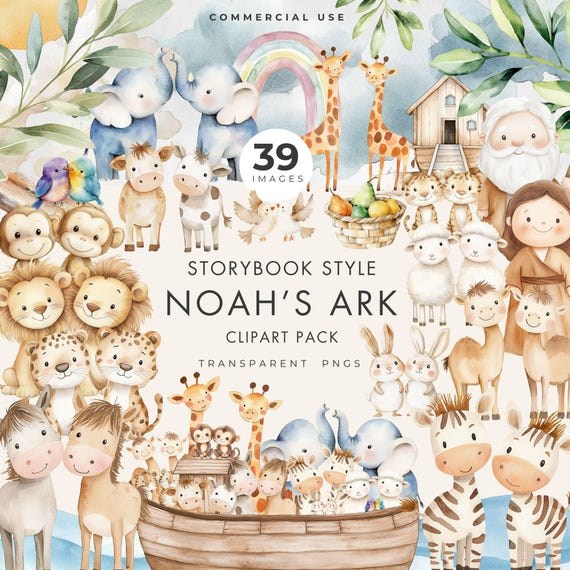 Storybook Noah’s Ark Clipart Pack – 39 Transparent PNG Images. Commercial Use