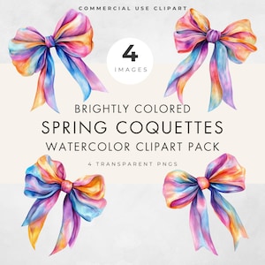 Spring Coquette Bow Clipart, Commercial Use, Transparent PNG, Bright Rainbow Colors, Easter Card Making, Paper Crafts, Junk Journalling