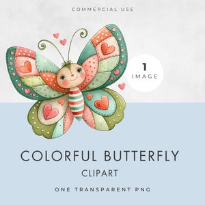 Op de afbeelding: Een kleurrijke vlinder clipart illustratie met een patchwork ontwerp. De vlinder heeft hartvormige accenten en de tekst "COLORFUL BUTTERFLY CLIPART" wordt hieronder weergegeven. De afbeelding is gelabeld "ONE TRANSPARENT PNG".