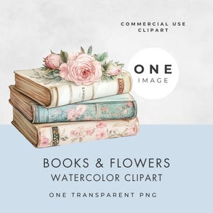 Clipart di libri e fiori, IMMAGINE SINGOLA, uso commerciale, PNG trasparente, creazione di biglietti con pila di libri ad acquerello, nuovo capitolo per baby shower e addio al nubilato