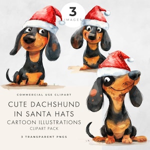 Dachshund in Santa Hat Clipart, Cartoon, Commercial Use, Transparent PNG, Watercolor Fun Storybook Illustration, Cute Christmas Weiner Dog