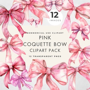 Clipart fiocco rosa Coquette, 12 immagini, uso commerciale, PNG trasparenti, acquerello, arte della parete, festa, nastri per ragazze, trendy, download digitale