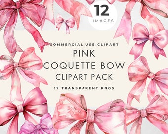Pink Watercolor Bow Clipart: Coquette Ribbons, 12 Transparent PNG Images (Digital Download) Commercial Use