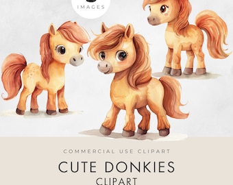 Cute Donkey Clipart, 3 IMAGES, Commercial Use, Transparent PNG, Farm Animal Watercolor, Baby Shower, Nursery Art, Cartoon, Instant Download