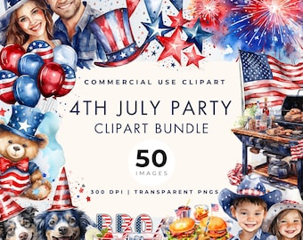 July 4th Watercolor Clipart: Independence Day PNG Bundle (Digital Download) Commercial Use