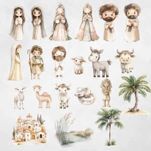 Puede incluir: Ilustraci&oacute;n de acuarela de una escena de la natividad con figuras de Mar&iacute;a, Jos&eacute;, el ni&ntilde;o Jes&uacute;s, &aacute;ngeles, animales y una palmera. La escena est&aacute; ambientada en un paisaje des&eacute;rtico con dunas de arena y un r&iacute;o.