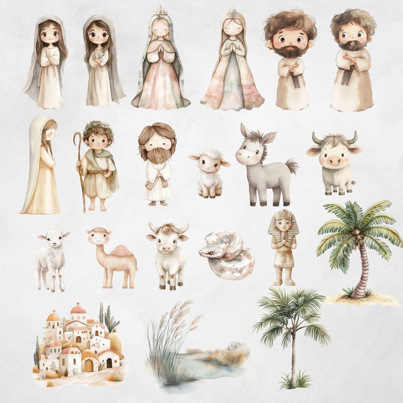 Puede incluir: Ilustraci&oacute;n de acuarela de una escena de la natividad con figuras de Mar&iacute;a, Jos&eacute;, el ni&ntilde;o Jes&uacute;s, &aacute;ngeles, animales y una palmera. La escena est&aacute; ambientada en un paisaje des&eacute;rtico con dunas de arena y un r&iacute;o.