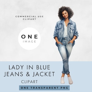 Dame in blauer Jacke Clipart, EINZELBILD, Lizenz für kommerzielle Nutzung, transparenter PNG, Aquarell, junge Frau, sofortiger digitaler Download