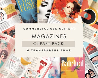 Ilustraciones de revistas, 6 imágenes, licencia comercial, PNG transparente, gráficos digitales, clip art, descarga instantánea
