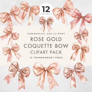 Puede incluir: Doce ilustraciones de acuarela de lazos de oro rosa. Los lazos están dispuestos en un círculo alrededor del texto "Rose Gold Coquette Bow Clipart Pack 12 Transparent PNGs".