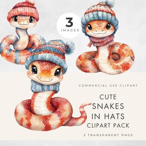 Clipart de cobra de desenho animado, uso comercial, PNG transparente, ilustrações fofas de répteis, cobras de inverno com chapéus, aquarela, clipart de livro de histórias