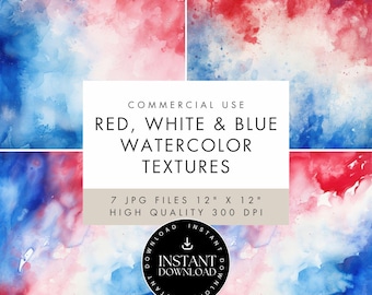 Red White & Blue Digital Paper, Abstract Watercolor Textures, JPG INSTANT DOWNLOAD, Commercial Use, Patriotic Backgrounds, Junk Journal