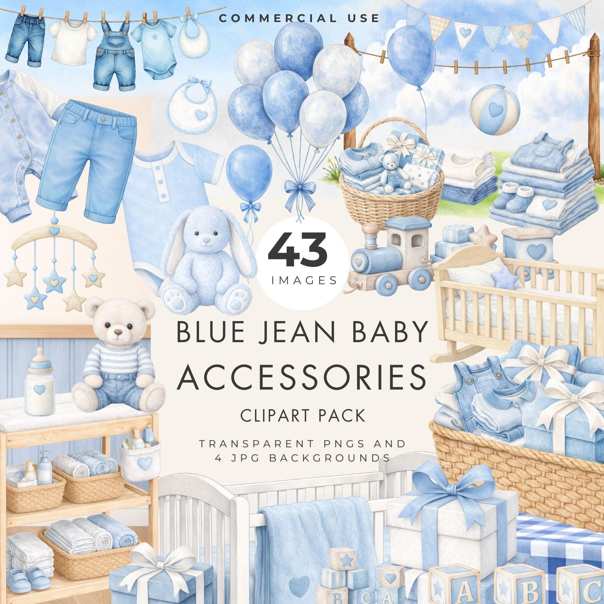 Blue Jean Baby Nursery Clipart Bundle, Watercolor Transparent PNG & JPG ...